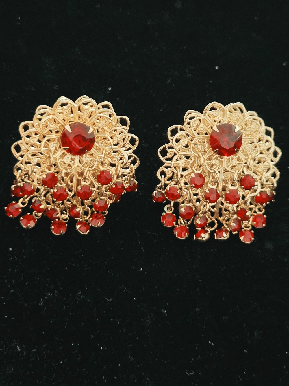 Vintage Gold Tone Filigree Red Stone Chandelier Earrings
